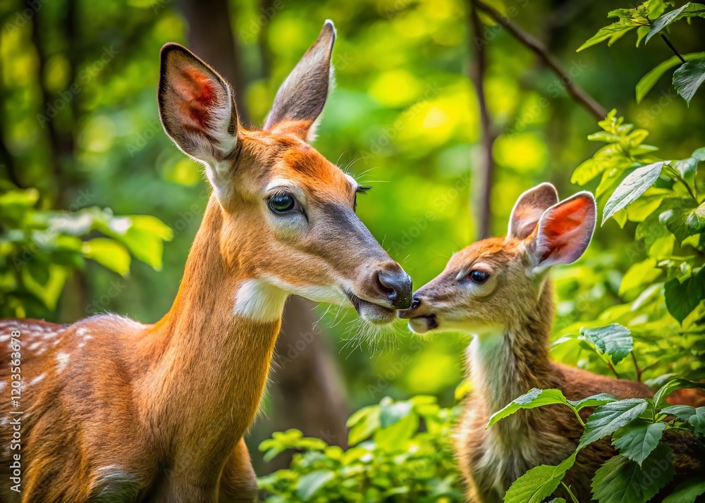 Blacktail Doe and Fawn Gentle Head Touch - Wildlife Stock Photo Blacktail Doe and Fawn Gentle Head Touch - Wildlife Stock Photo