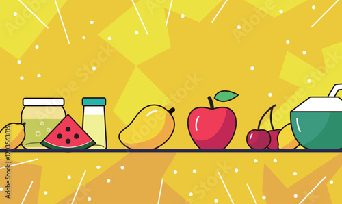 A cartoonish drawing of a bunch of fruits and vegetables, including a watermelon