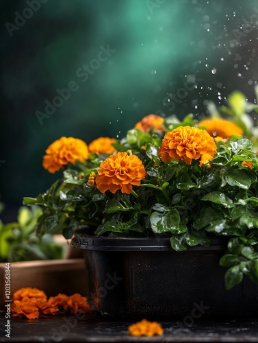 Wallpaper Mural Vibrant orange marigolds gleam softly bathed in gentle rain lush green foliage.. AI Generated Torontodigital.ca