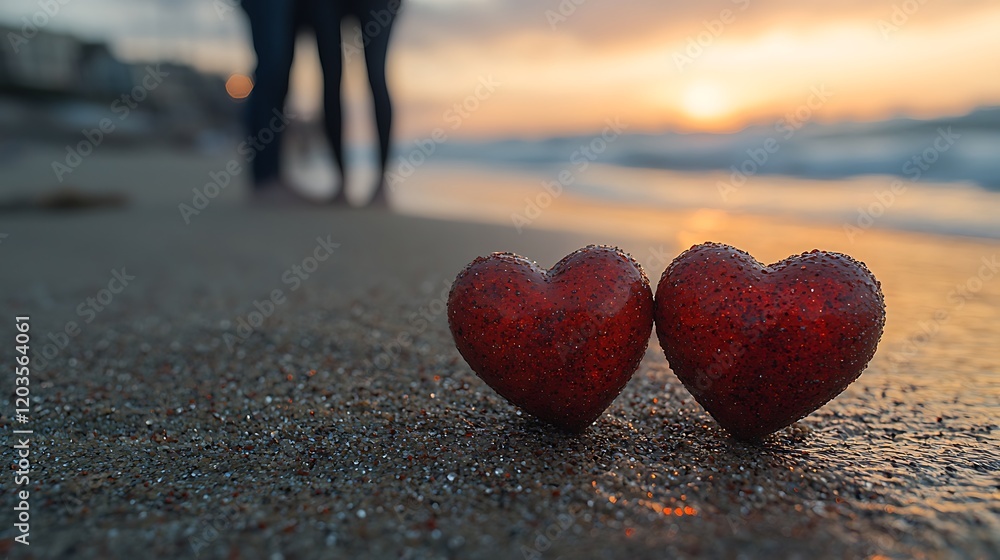 Fototapeta premium Romantic Sunset Beach Two Red Hearts on Sand