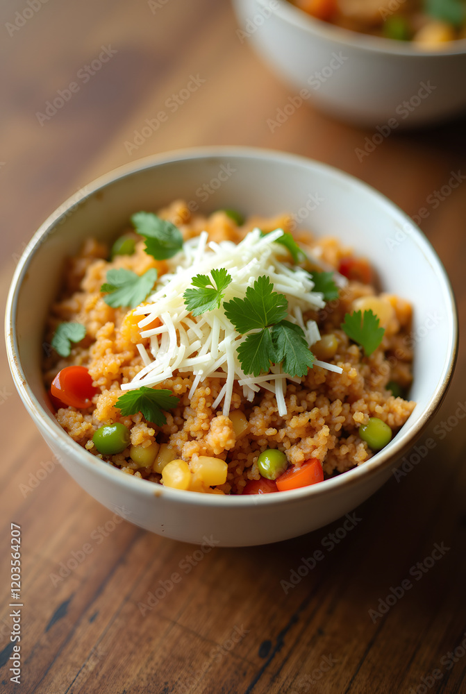 A bowl of flavorful rice is topped with vibrant vegetables, melted cheese, and a sprinkle of fresh herbs, forming an enticing dish on a wooden surface. A bowl of flavorful rice is topped with vibrant vegetables, melted cheese, and a sprinkle of fresh herbs, forming an enticing dish on a wooden surface.