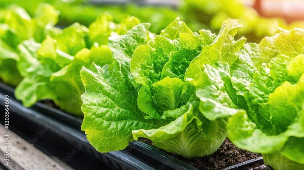 Fresh green lettuce growing in a garden tray, healthy and vibrant. Fresh green lettuce growing in a garden tray, healthy and vibrant.