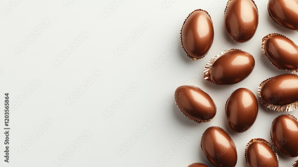 Obraz premium A group of shiny chocolate eggs in metallic wrappers arranged neatly on a neutral background, creating a minimal design with ample copy space.