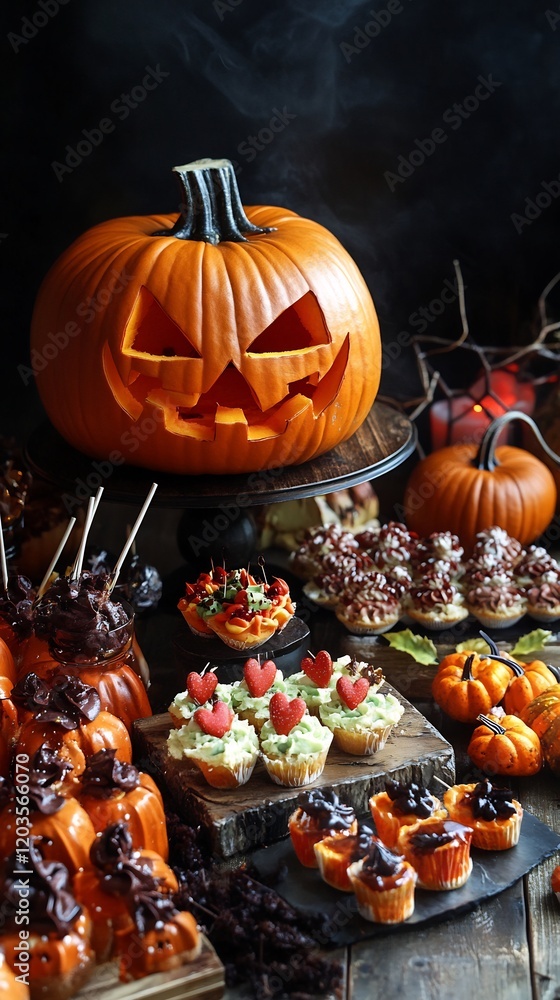 Spooky Halloween Treats Darkly Lit Table. AI Generated Spooky Halloween Treats Darkly Lit Table. AI Generated