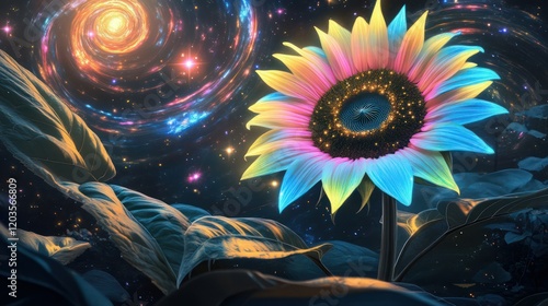 Otherworldly sunflower with neon blue, pink, and yellow petals, set against a cosmic scene of swirling galaxies and glowing stars, with softly lit leaves and stem. photo