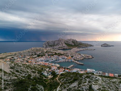 A stunning aerial panoramic view of the Les Goudes district in Marseille, located on the Mediterranean coast