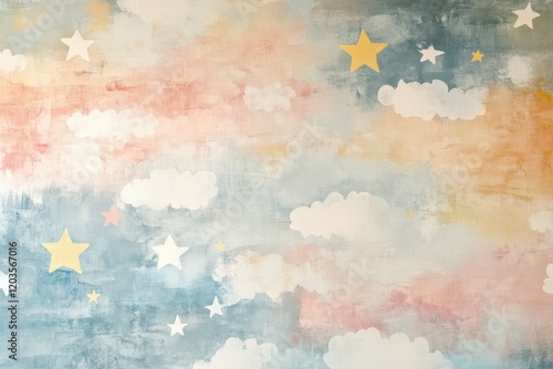Wallpaper Mural Whimsical watercolor wallpaper with playful patterns of scattered stars and clouds in soft pastel tones Torontodigital.ca