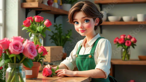 Roses, Girl Florist in a Flower Shop: Creativity and Care in Bloom