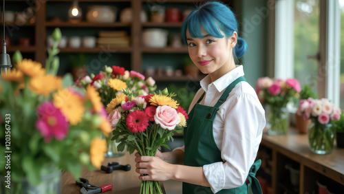 Smiling Florist Packaging a Bouquet in a Flower Shop, Creativity and Care in Bloom