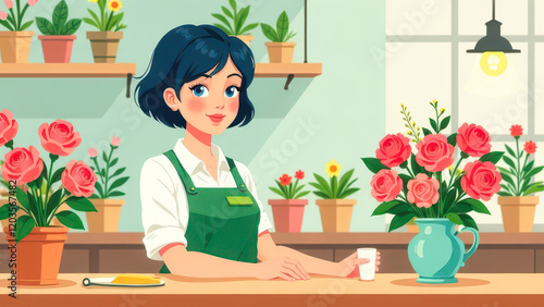Illustration Girl Florist in a Flower Shop