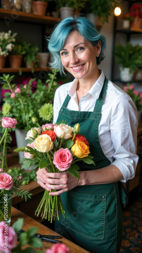 Woman-Florist Packaging a Bouquet in a Flower Shop, Creativity and Care in Bloom