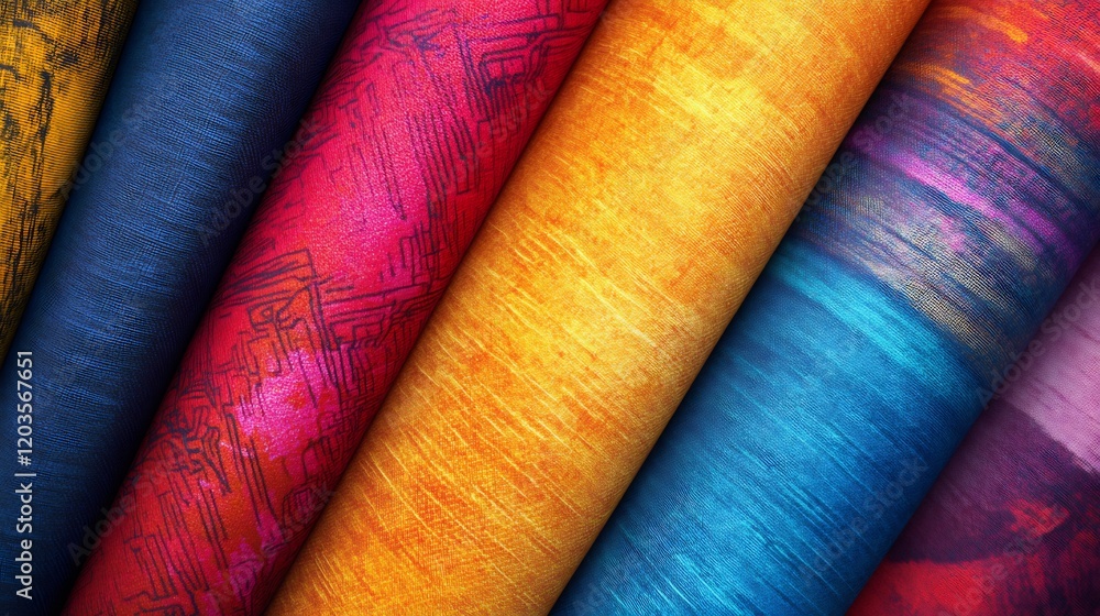 Vibrant textile rolls display rich color gradients subtly textured. AI Generated Vibrant textile rolls display rich color gradients subtly textured. AI Generated