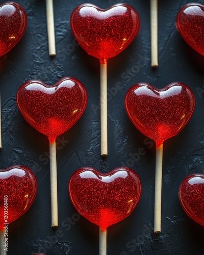 Red heart shaped lollipops in vertical pattern	 photo