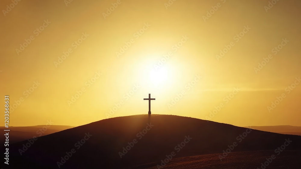 A silhouette of a single cross on a hill at sunrise, with golden light spreading across the landscape, creating a hopeful Easter theme and copy space. A silhouette of a single cross on a hill at sunrise, with golden light spreading across the landscape, creating a hopeful Easter theme and copy space.