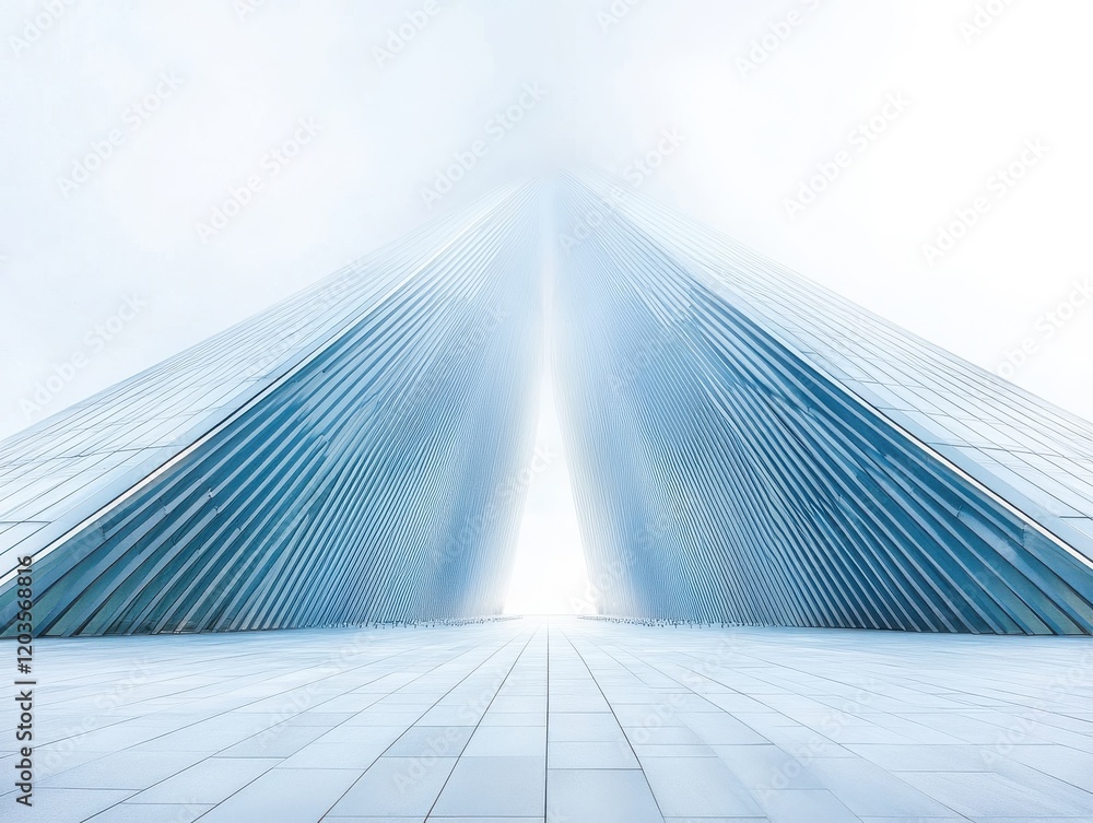 A Futuristic Architectural Perspective of a Skyscraper Piercing Through the Misty Sky with a Minimalistic Design and Symmetrical Lines for Urban Landscapes A Futuristic Architectural Perspective of a Skyscraper Piercing Through the Misty Sky with a Minimalistic Design and Symmetrical Lines for Urban Landscapes