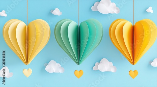 Colorful paper hearts hang against a blue sky with clouds, creating a cheerful decoration. photo