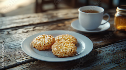Wallpaper Mural a plate of golden-brown ANZAC biscuits, with a slightly chewy texture and crisp edges, served on a rustic wooden table alongside a cup of tea and a small jar of golden syrup Torontodigital.ca