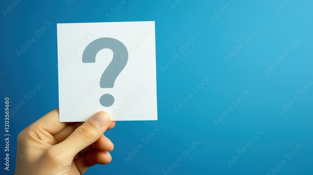 Hand Holding Question Mark Card Against Blue Background Hand Holding Question Mark Card Against Blue Background
