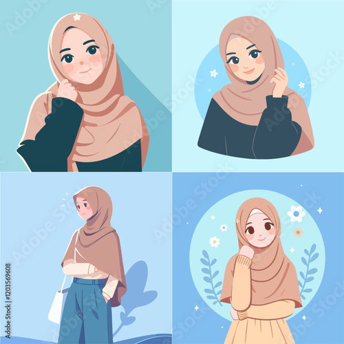 illustration of beautiful hijab girl isolated on blue background