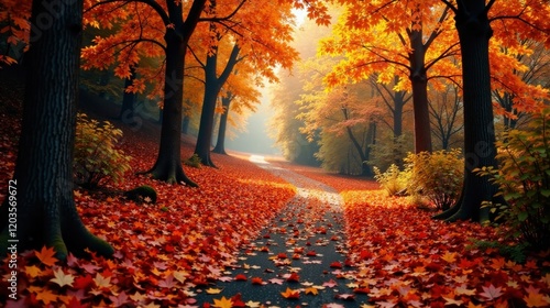 Autumnal Pathway A Serene Stroll Through a Canopy of Crimson and Gold Leaves