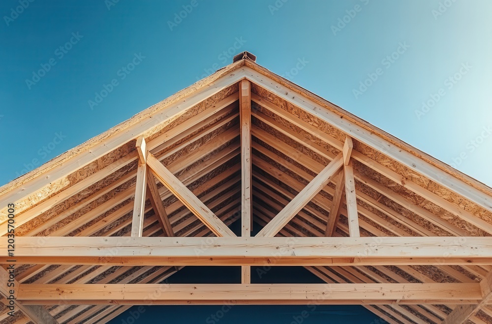 Obraz premium Architectural Detail of Wooden Roof Truss Structure Against Clear Blue Sky Showcasing Modern Design and Craftsmanship in Construction