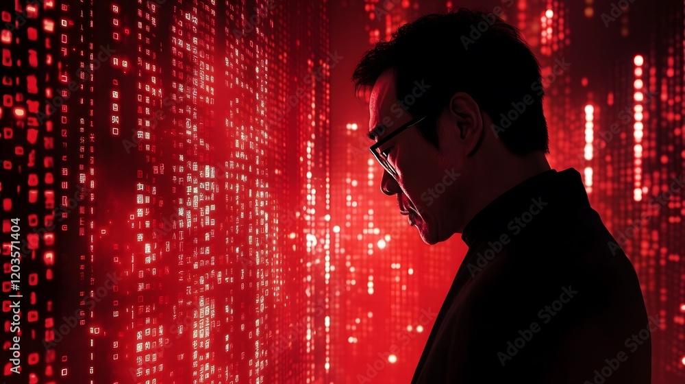 Binary code background, black and red color matrix, with lines creating a technological atmosphere Binary code background, black and red color matrix, with lines creating a technological atmosphere