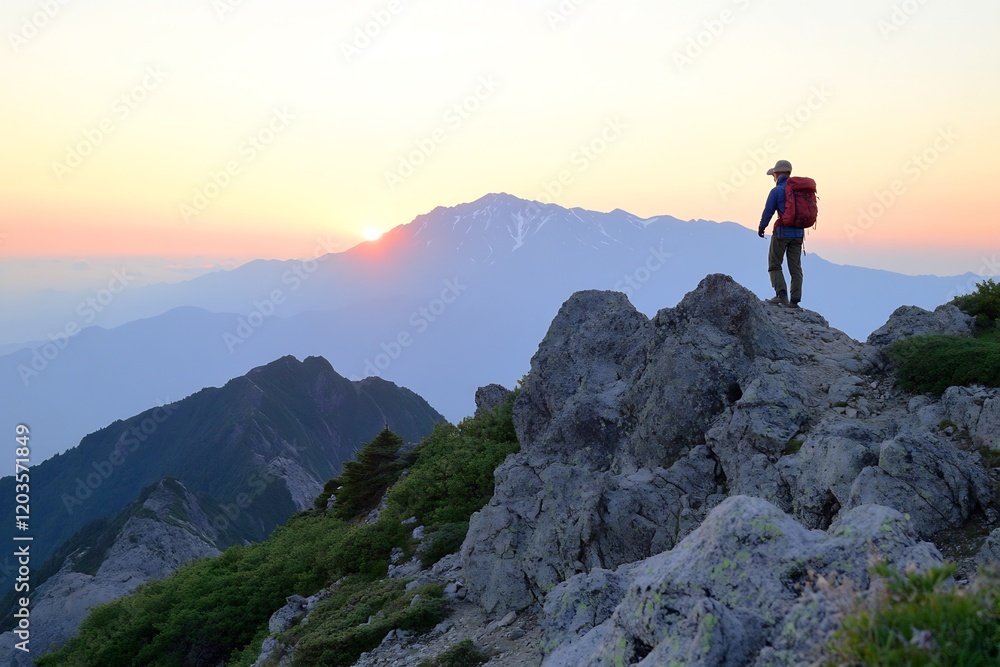 Sunrise hiker mountain peak view Sunrise hiker mountain peak view
