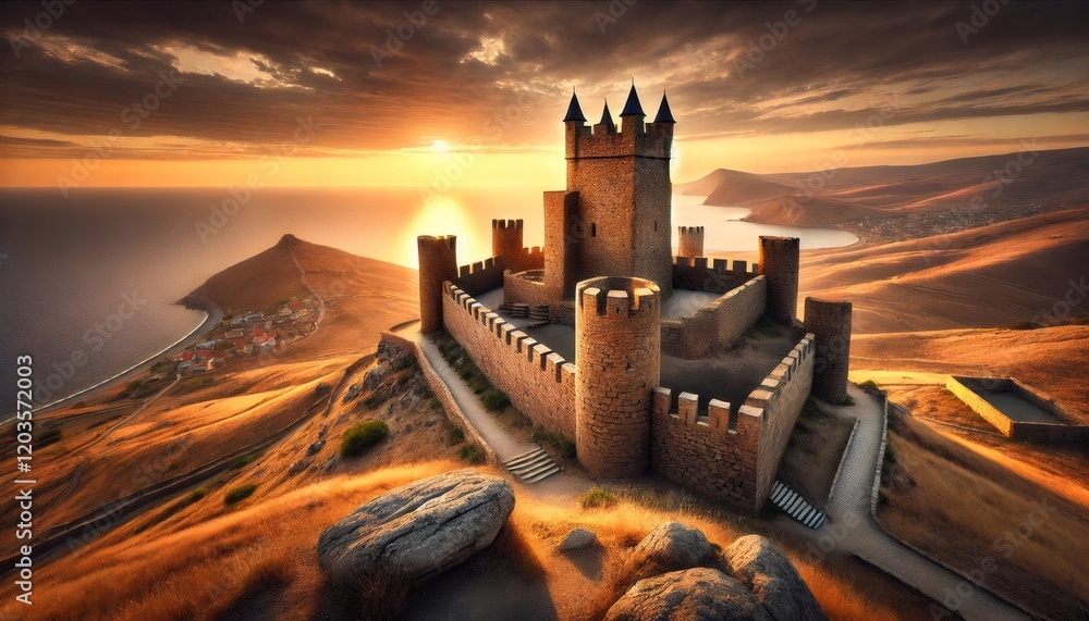 Obraz premium Genoese fortress stands majestically on hilltop at sunset in sudak, crimea