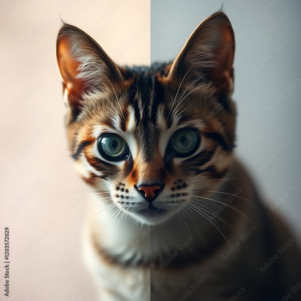 Obraz premium Adorable tabby kitten split color image.