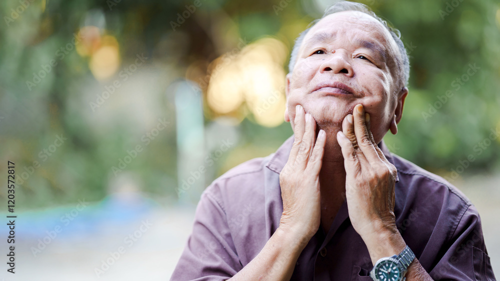 An elderly man enjoys a moment of reflection while gently touching his face, surrounded by a serene outdoor setting. An elderly man enjoys a moment of reflection while gently touching his face, surrounded by a serene outdoor setting.