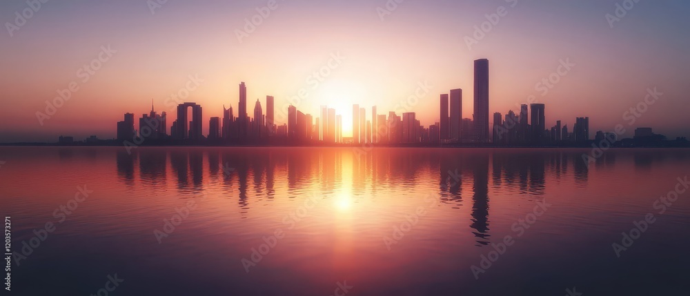 Fototapeta premium Smart city at dawn, drone view, innovative energy networks, reflective skyscrapers, calm and sustainable urban environment