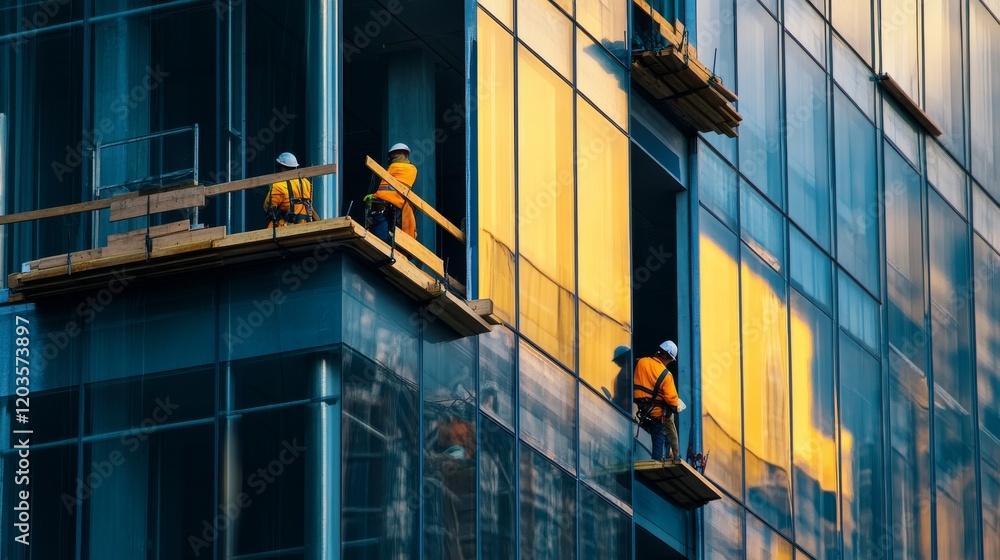 Fototapeta premium A serene evening shot of construction workers installing solar panels on a residential rooftop with a backdrop of city lights, Residential solar installation scene, Renewable energy integration style