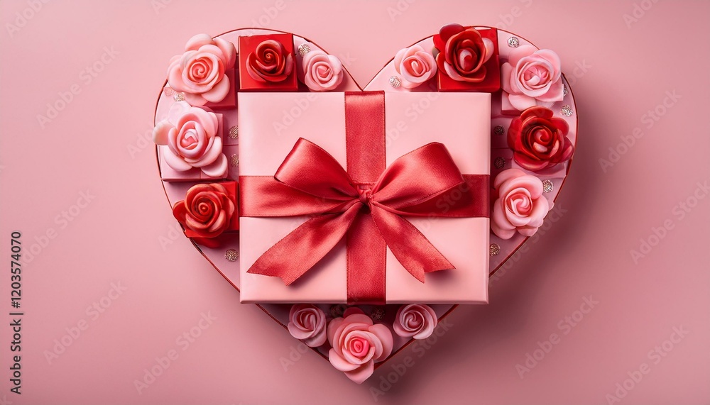 Top view of pink gift boxes with red bow displayed in shape of heart on pink background. Valentine's day concept. Generated image Top view of pink gift boxes with red bow displayed in shape of heart on pink background. Valentine's day concept. Generated image