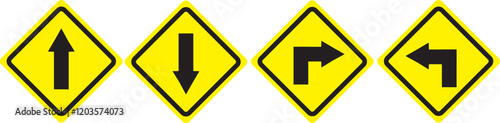 Traffic warning signs, go straight, turn right, turn left, traffic symbols.