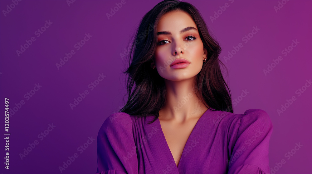Fototapeta premium Portrait of Stylish Professional Woman Presenting News on Violet Background