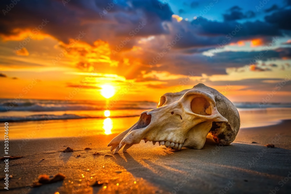 Obraz premium Capybara Skull Silhouette on Sandy Beach at Sunset - Wildlife Stock Photo