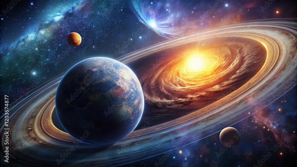 Obraz premium Celestial Body Orbiting Bright Star in Spiral Galaxy - Stunning Space Photography