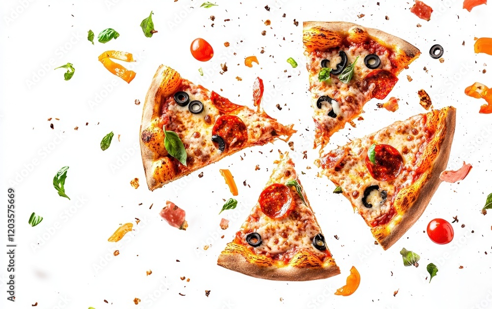 Slices of pizza flying apart with toppings scattering, leaving ample negative space for text, isolated on a stark white background Slices of pizza flying apart with toppings scattering, leaving ample negative space for text, isolated on a stark white background