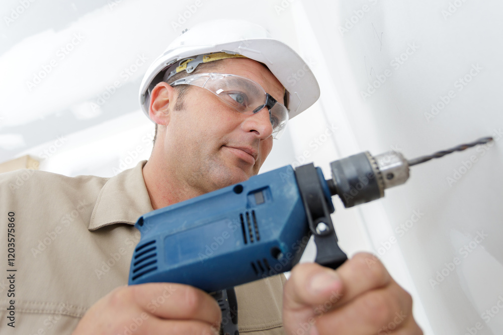 low angle view of building drilling into wall low angle view of building drilling into wall