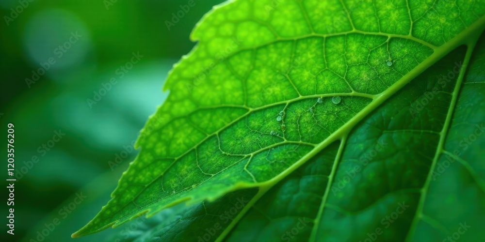 Close-up View of a Vibrant Green Leaf with Intricate Vein Details and Tiny Water Droplets Close-up View of a Vibrant Green Leaf with Intricate Vein Details and Tiny Water Droplets