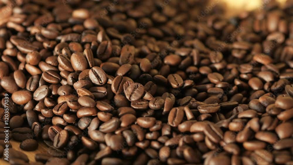 Pile of coffee beans on a wooden surface. The beans are of different sizes and are spread out in a random pattern. Concept of abundance and variety, as well as the natural origins of coffee beans Pile of coffee beans on a wooden surface. The beans are of different sizes and are spread out in a random pattern. Concept of abundance and variety, as well as the natural origins of coffee beans