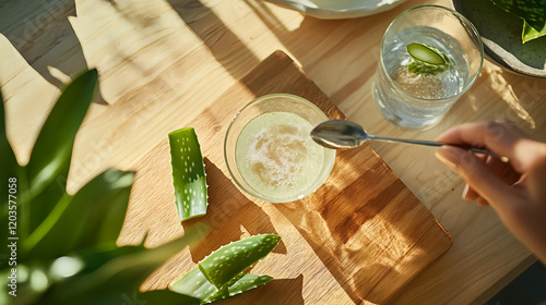 A person is using a stainless steel spoon to put the clear aloe vera juice into a glass on a wooden board