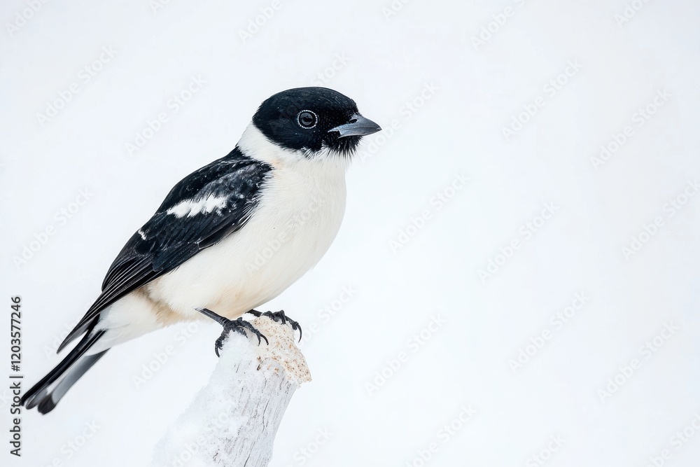 Black-and-white bird perched on a snowy branch. Black-and-white bird perched on a snowy branch.