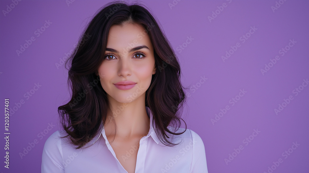 Fototapeta premium Portrait of Stylish Professional Woman Presenting News on Violet Background