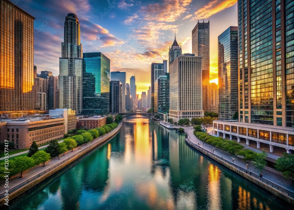 Fototapeta premium Chicago River Skyline: Iconic Architecture and Cityscape at Dawn