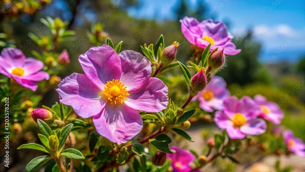 Cistus Creticus: Wild Rose of Crete - Stunning Mediterranean Flora Stock Photo Cistus Creticus: Wild Rose of Crete - Stunning Mediterranean Flora Stock Photo