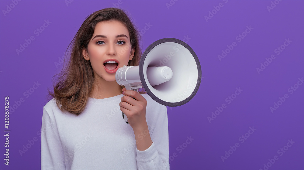 Portrait of Stylish Professional Woman Presenting News on Violet Background Portrait of Stylish Professional Woman Presenting News on Violet Background