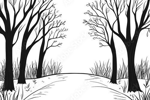 Serene Black and White Forest Path Illustration
