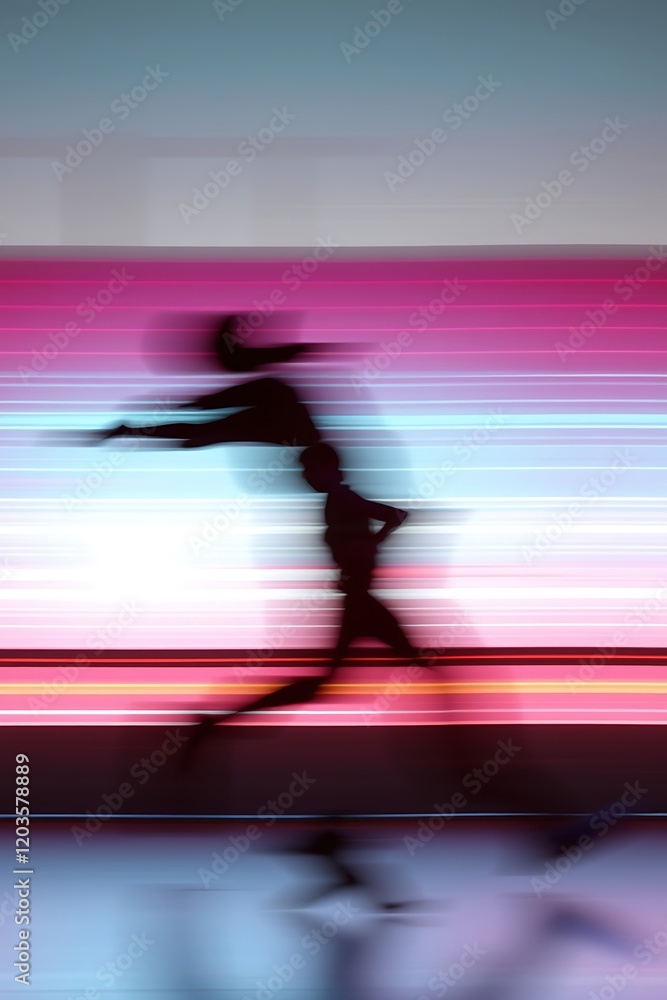 Blurred silhouette of a running woman against vibrant light streaks.