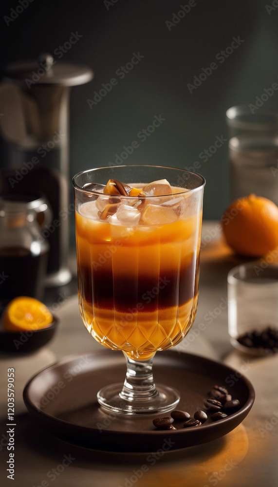 A refreshing glass of iced coffee, complemented by fresh orange and coffee beans in a serene kitchen ambiance. Capturing morning vibes and warm sunlight for a delightful visual appeal.

